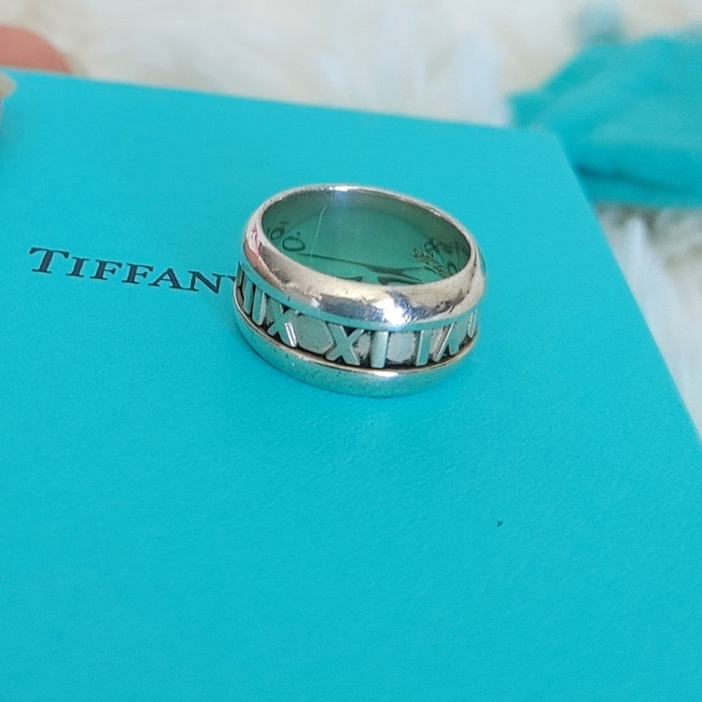 Authentic Tiffany & Co Sterling Silver Atlas Roman Numeral Wide Band Ring